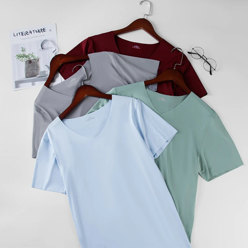 Men V Neck Ice Silk T Shirt Seamless Solid Color Slim Short Sleeve Summer Thin No Trace Invisible Bottoming Shirt Casual Daily