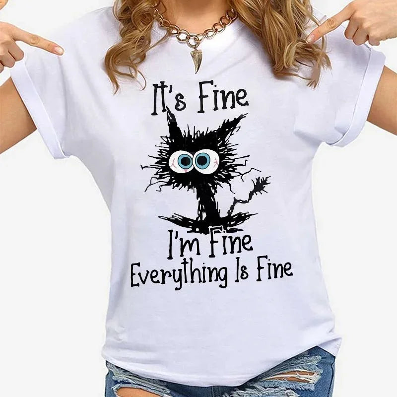 Women’s Cat Graphic T-Shirt “It’s Fine” Casual Tee
