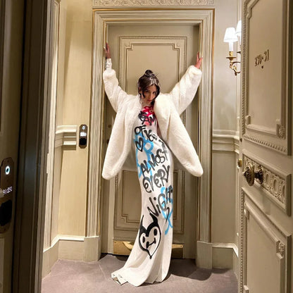 Women's Clothing 2025 New Fashion Fashionable High-neck Color-blocked Graffiti Long-sleeved Hip-hugging Close-fitting Long Dress