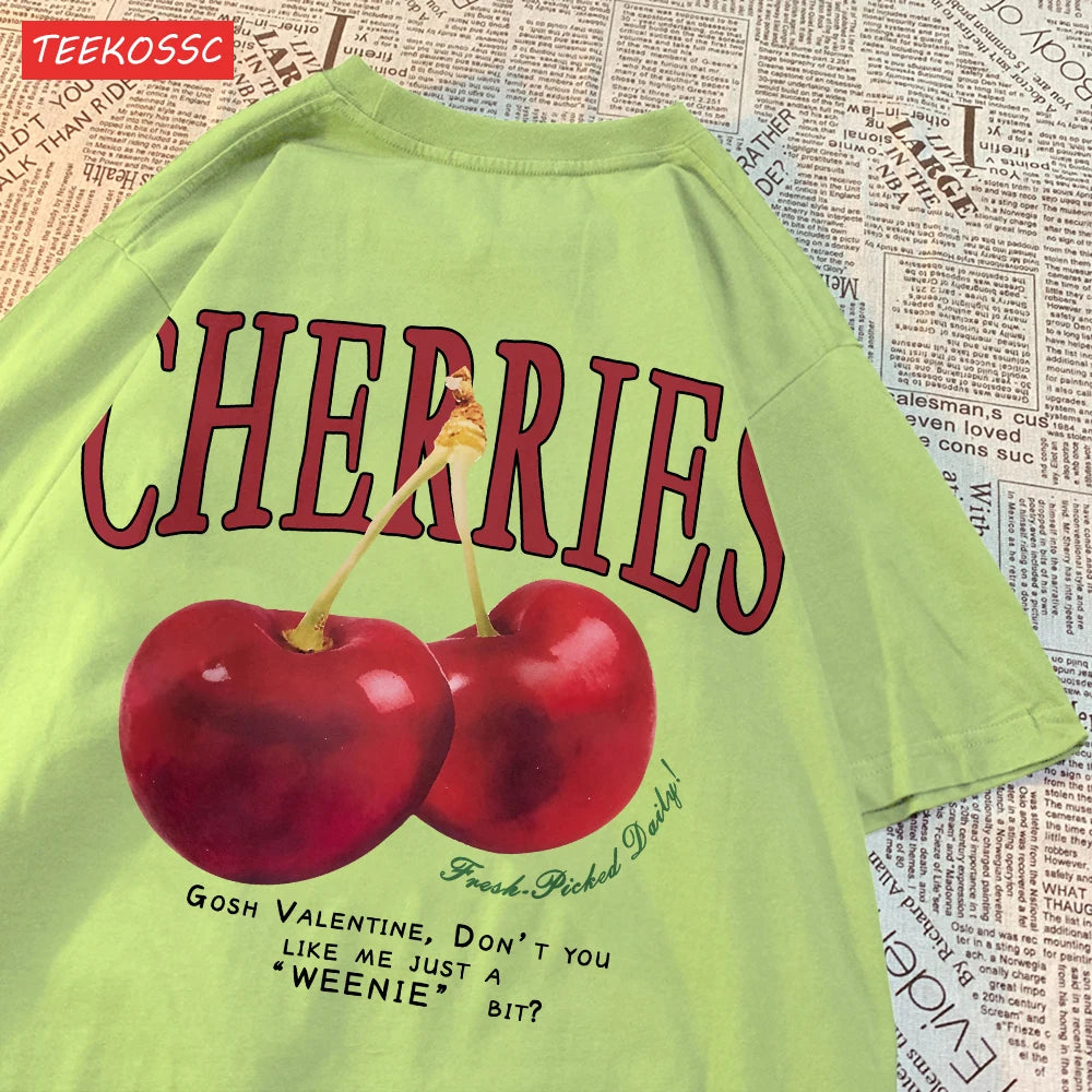 Trend Cotton Women'S T-Shirts Fresh Red Cherries Printing Tops Oversize O-Neck Soft Short Sleeve Summer Casual Female Clothes