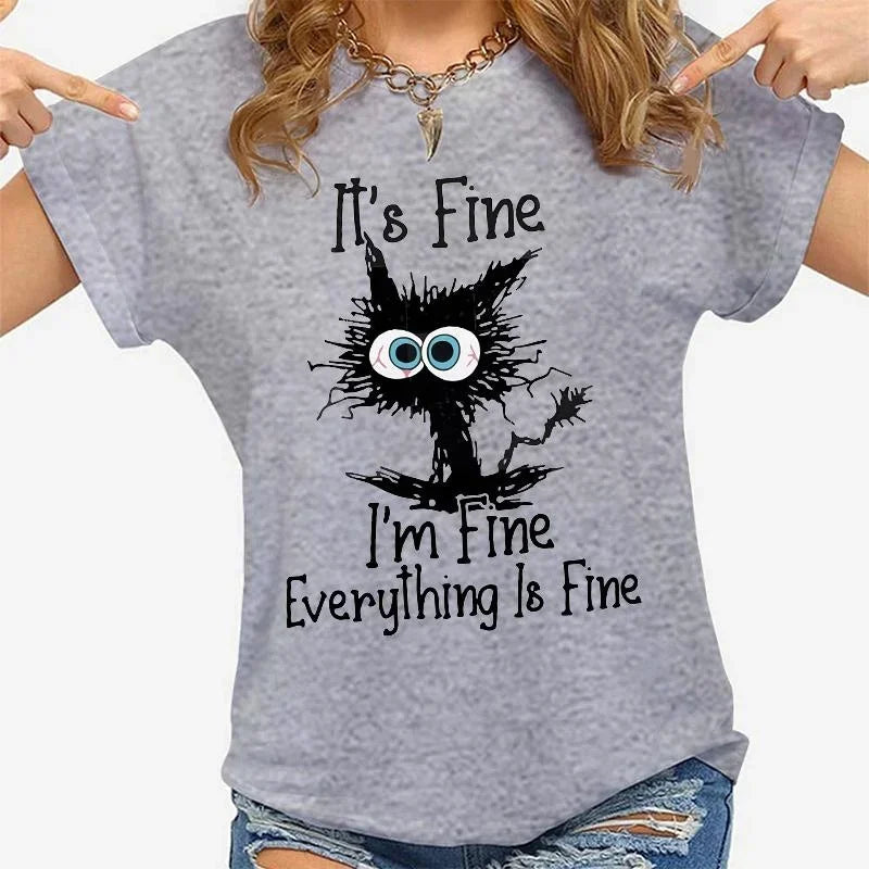 Women’s Cat Graphic T-Shirt “It’s Fine” Casual Tee