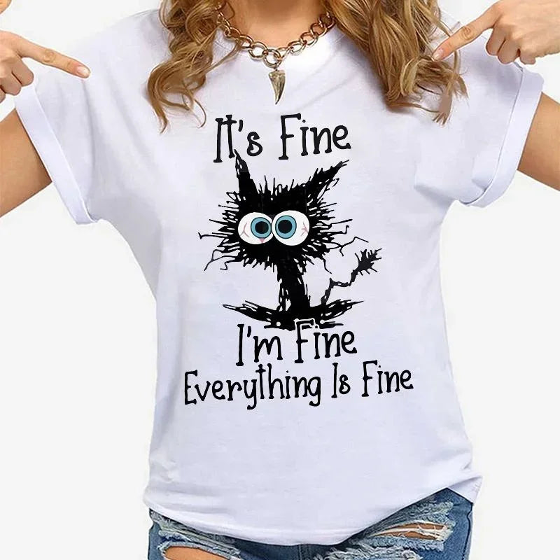 Women’s Cat Graphic T-Shirt “It’s Fine” Casual Tee