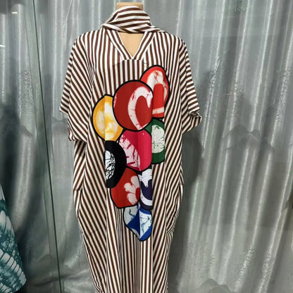 Women's clothing 2026 autumn new style sweet and fresh striped V-neck batsleeves loose large-size dress long dress