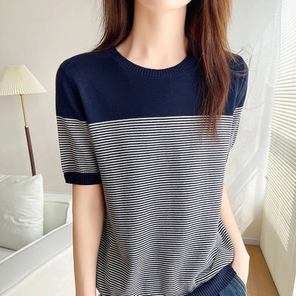Women's T-Shirt Summer 100% Cotton Sweater Short Sleeve Striped Knitted Round Neck Ladies Tops Loose Blouse Pullover Tees