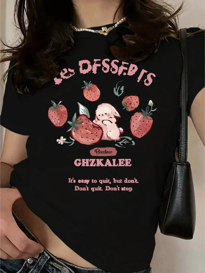 Women's T-Shirt - Cute Strawberry & Rabbit Graphic, Soft Casual Round Neck Tee with Inspirational Quote