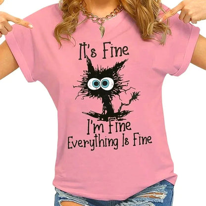 Women’s Cat Graphic T-Shirt “It’s Fine” Casual Tee
