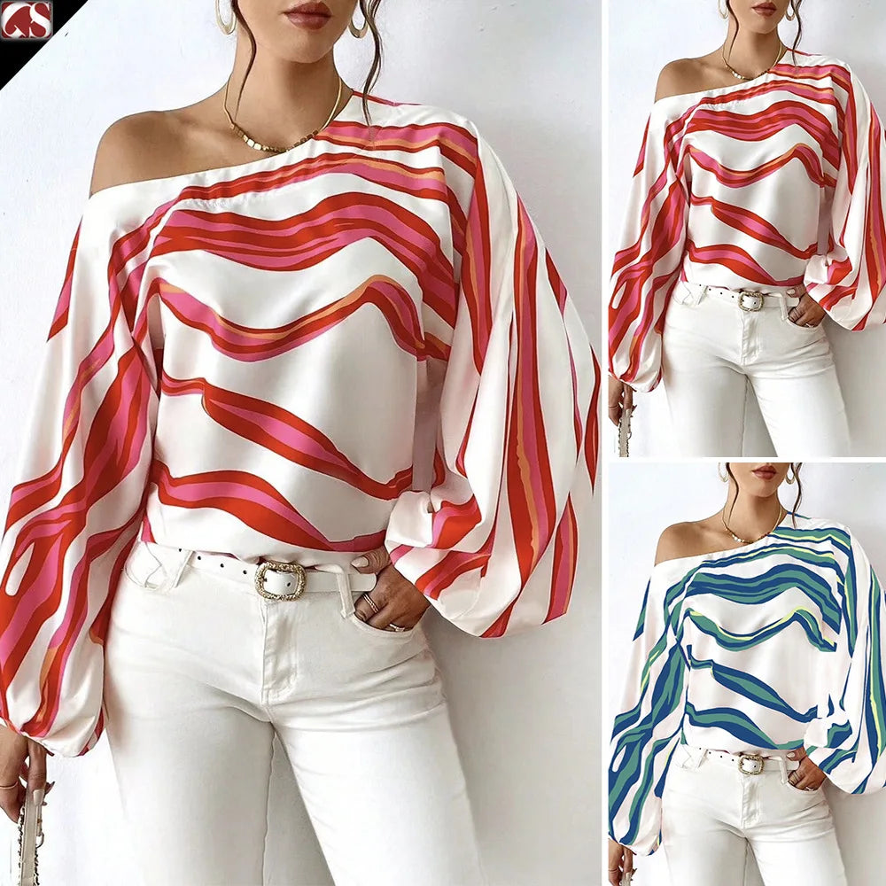 Women's Clothing 2024 Spring Summer New Style Temperament Off Shoulder One Neck Fashionable Printed Loose Women's Shirt