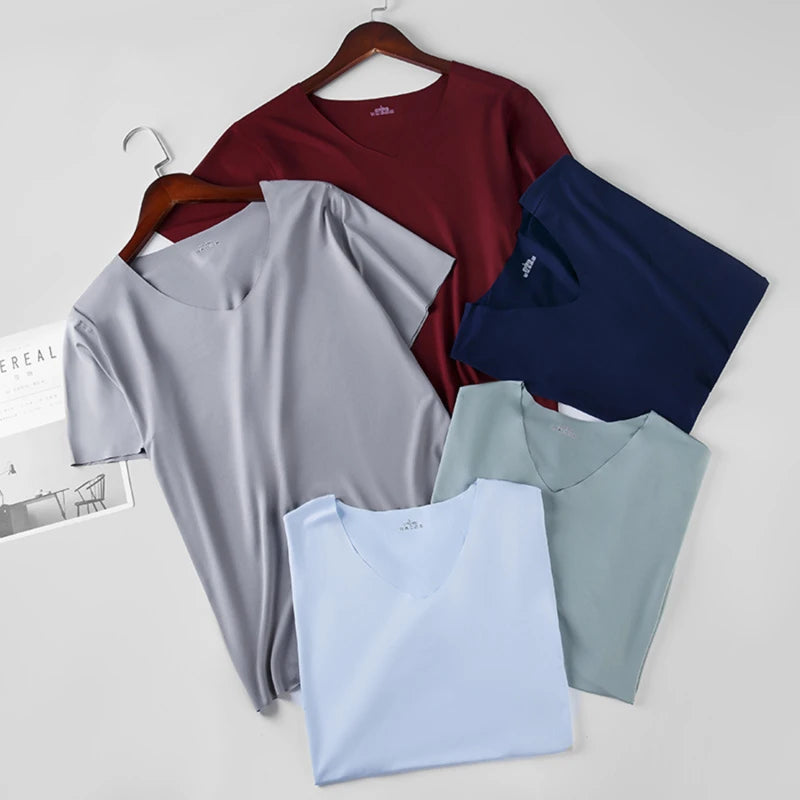 Men V Neck Ice Silk T Shirt Seamless Solid Color Slim Short Sleeve Summer Thin No Trace Invisible Bottoming Shirt Casual Daily