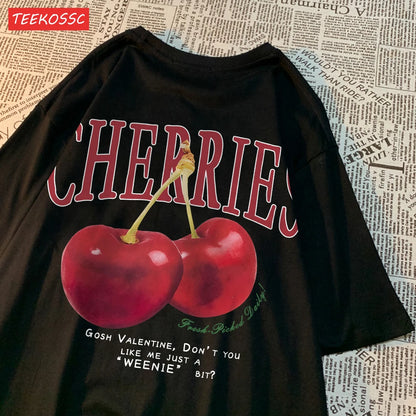 Trend Cotton Women'S T-Shirts Fresh Red Cherries Printing Tops Oversize O-Neck Soft Short Sleeve Summer Casual Female Clothes
