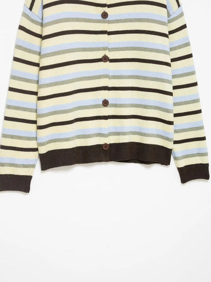 Women's Clothing 2025 Autumn New Item Sweet and Fresh Striped Long Sleeved Single Breasted Knitted Sweater Top