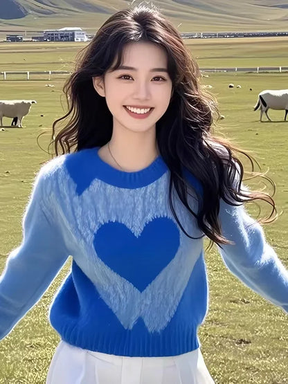 Women's Clothing Casual Blue Love Sweaters Autumn/winter New Long Sleeve Loose Gentle Pullover Lady O-neck All-match Fashion Top