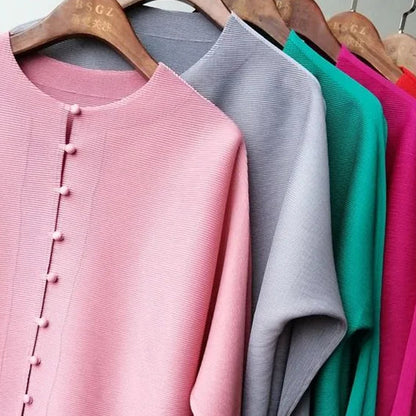 Woman Clothing T-shirt Bat Sleeves Loose and Pleated Small Jacket Women's Single-breasted Pocket Design Pleated Semi-Turtleneck