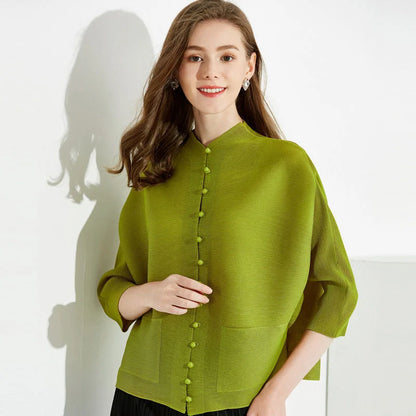Woman Clothing T-shirt Bat Sleeves Loose and Pleated Small Jacket Women's Single-breasted Pocket Design Pleated Semi-Turtleneck