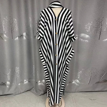 Women's clothing 2026 autumn new style sweet and fresh striped V-neck batsleeves loose large-size dress long dress