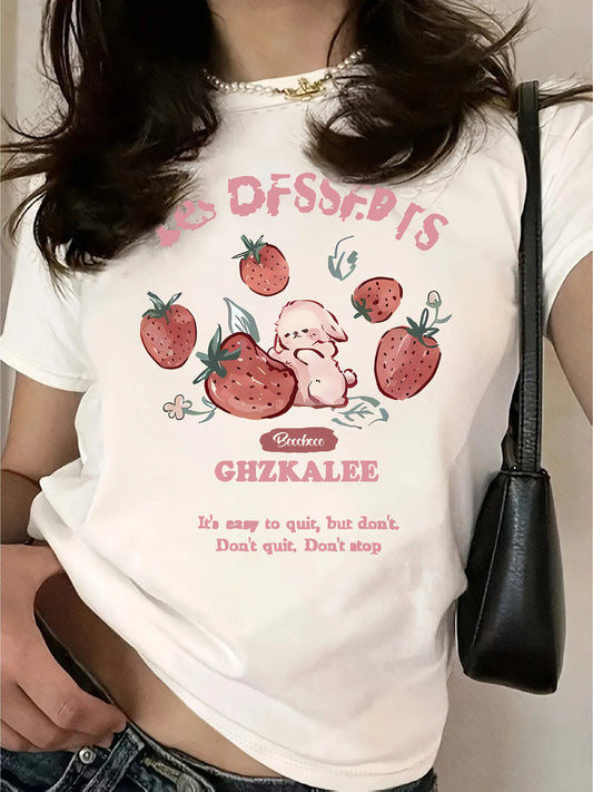 Women's T-Shirt - Cute Strawberry & Rabbit Graphic, Soft Casual Round Neck Tee with Inspirational Quote