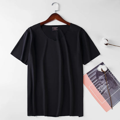 Men V Neck Ice Silk T Shirt Seamless Solid Color Slim Short Sleeve Summer Thin No Trace Invisible Bottoming Shirt Casual Daily