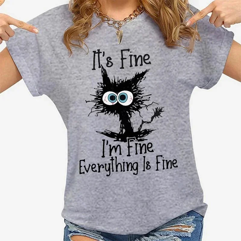 Women’s Cat Graphic T-Shirt “It’s Fine” Casual Tee