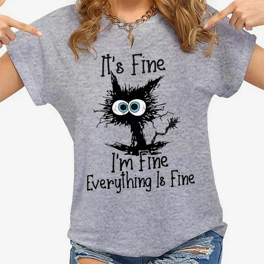 Women’s Cat Graphic T-Shirt “It’s Fine” Casual Tee