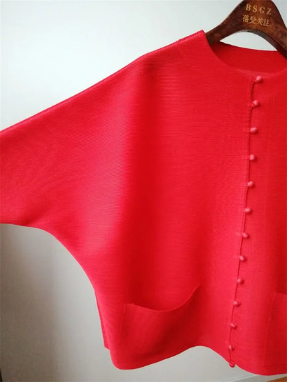 Woman Clothing T-shirt Bat Sleeves Loose and Pleated Small Jacket Women's Single-breasted Pocket Design Pleated Semi-Turtleneck