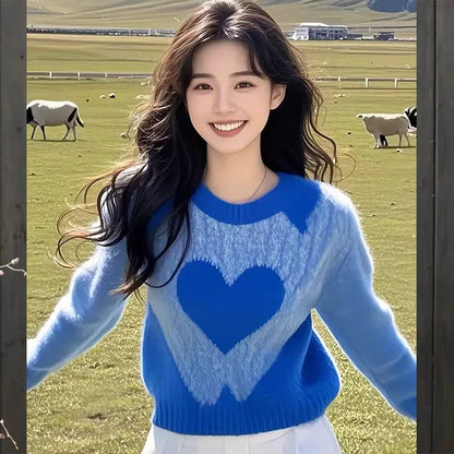 Women's Clothing Casual Blue Love Sweaters Autumn/winter New Long Sleeve Loose Gentle Pullover Lady O-neck All-match Fashion Top