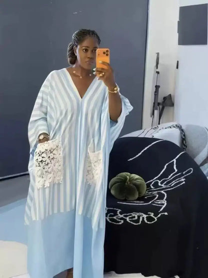 Women's clothing 2026 autumn new style sweet and fresh striped V-neck batsleeves loose large-size dress long dress