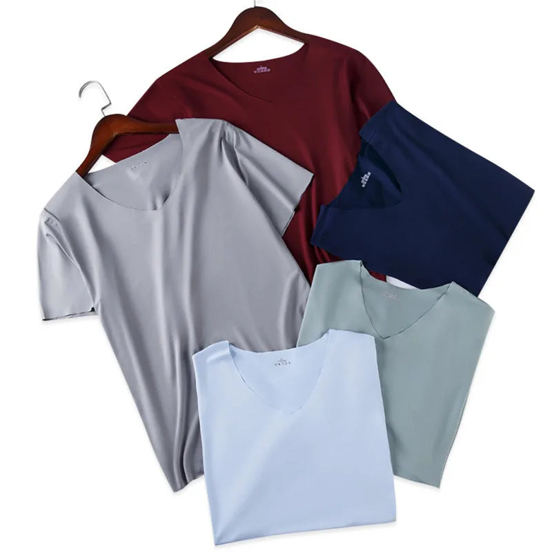 Men V Neck Ice Silk T Shirt Seamless Solid Color Slim Short Sleeve Summer Thin No Trace Invisible Bottoming Shirt Casual Daily