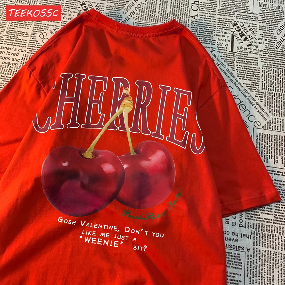 Trend Cotton Women'S T-Shirts Fresh Red Cherries Printing Tops Oversize O-Neck Soft Short Sleeve Summer Casual Female Clothes