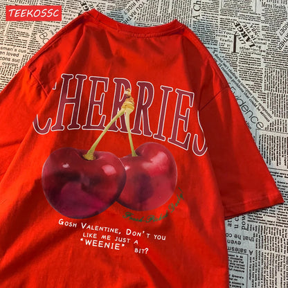 Trend Cotton Women'S T-Shirts Fresh Red Cherries Printing Tops Oversize O-Neck Soft Short Sleeve Summer Casual Female Clothes