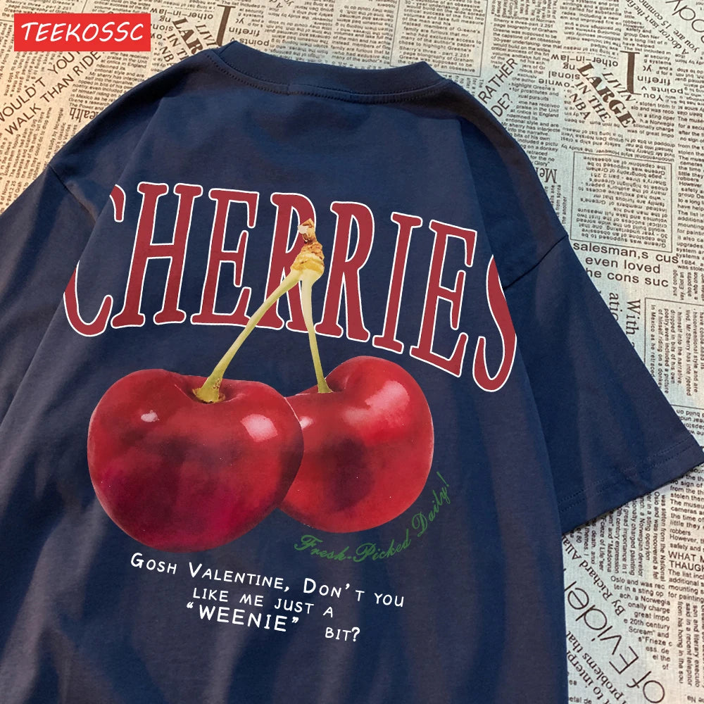 Trend Cotton Women'S T-Shirts Fresh Red Cherries Printing Tops Oversize O-Neck Soft Short Sleeve Summer Casual Female Clothes