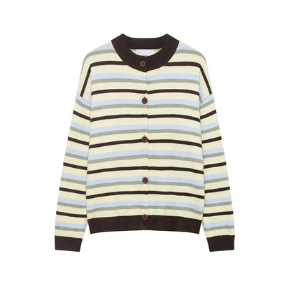 Women's Clothing 2025 Autumn New Item Sweet and Fresh Striped Long Sleeved Single Breasted Knitted Sweater Top