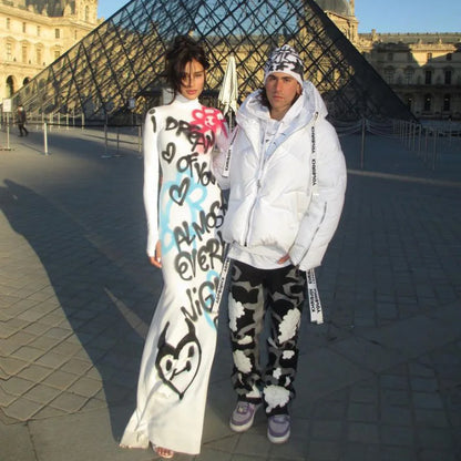 Women's Clothing 2025 New Fashion Fashionable High-neck Color-blocked Graffiti Long-sleeved Hip-hugging Close-fitting Long Dress