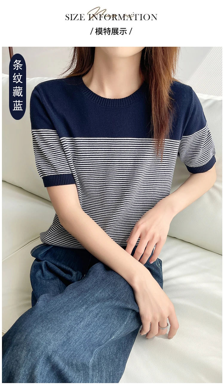 Women's T-Shirt Summer 100% Cotton Sweater Short Sleeve Striped Knitted Round Neck Ladies Tops Loose Blouse Pullover Tees