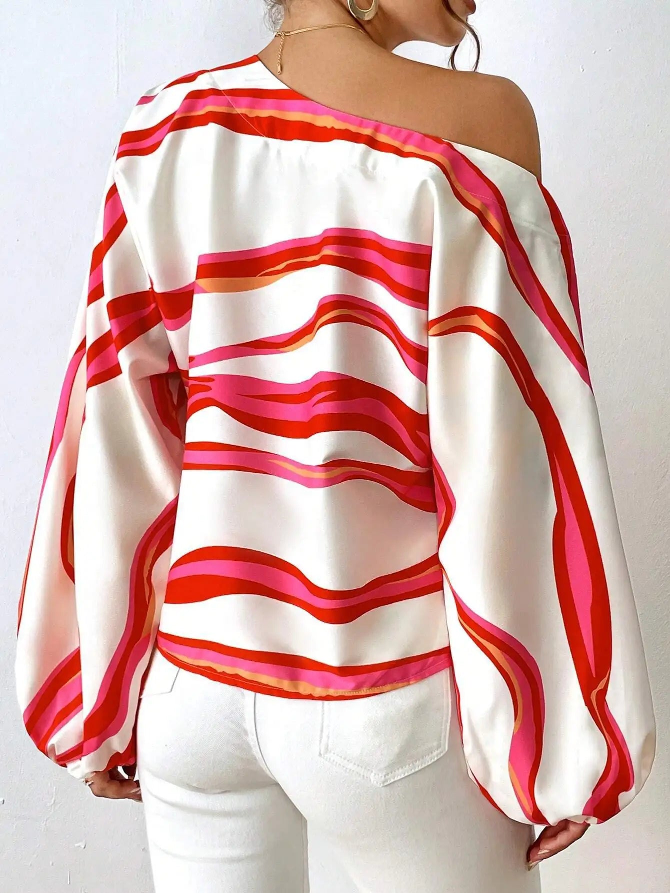 Women's Clothing 2024 Spring Summer New Style Temperament Off Shoulder One Neck Fashionable Printed Loose Women's Shirt