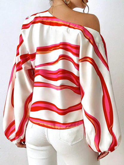Women's Clothing 2024 Spring Summer New Style Temperament Off Shoulder One Neck Fashionable Printed Loose Women's Shirt