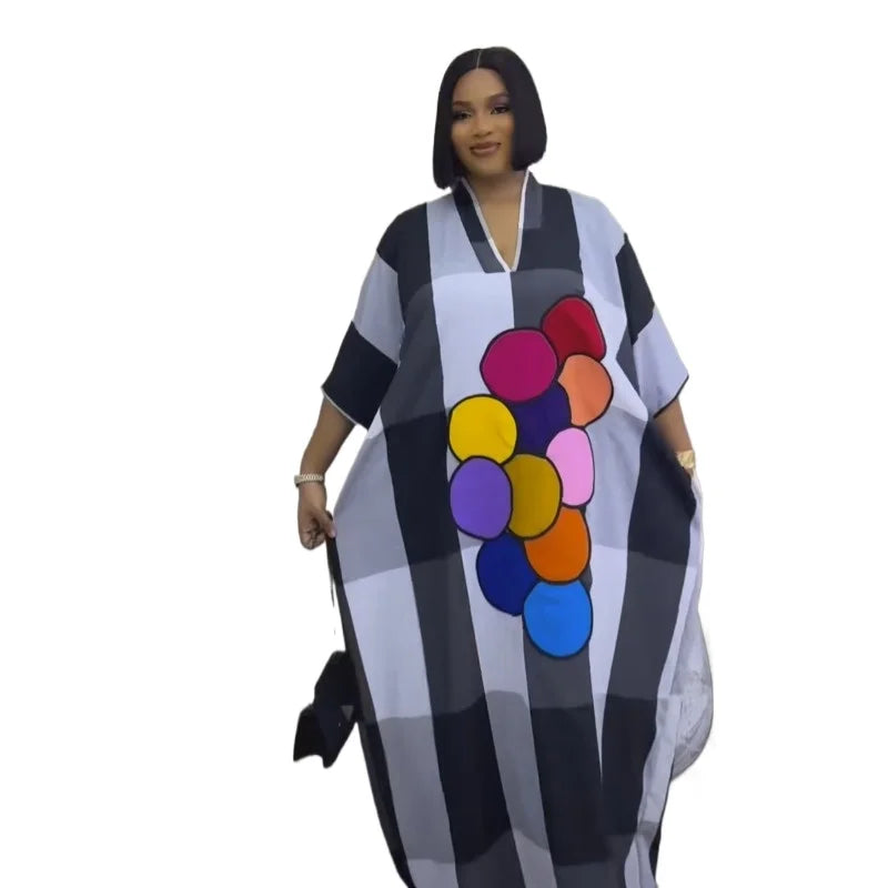 Women's clothing 2025 autumn new style sweet and fresh striped V-neck batsleeves loose large-size dress long dress