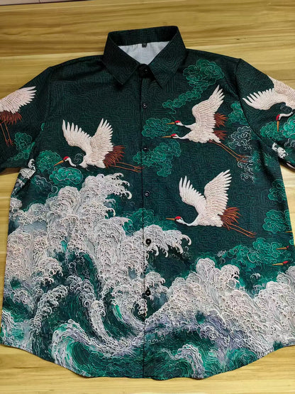 New Dark Green Embossed Dark Pattern Fabric with Flying Crane and Wave Printing for Men's Casual Short Sleeved Shirt