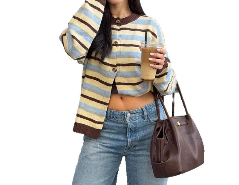 Women's Clothing 2025 Autumn New Item Sweet and Fresh Striped Long Sleeved Single Breasted Knitted Sweater Top