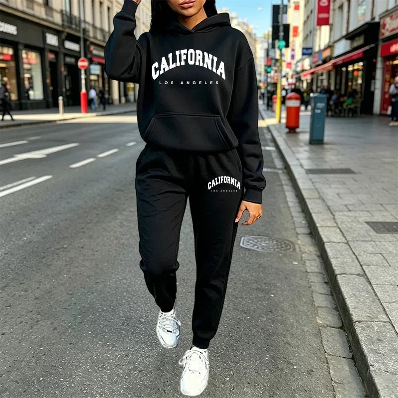 Women's Clothing 2 Pcs Suits Print Casual Hooded Sweatshirts Tracksuit Sports Jogging Sportswear Autumn Winter Woman Pants Sets
