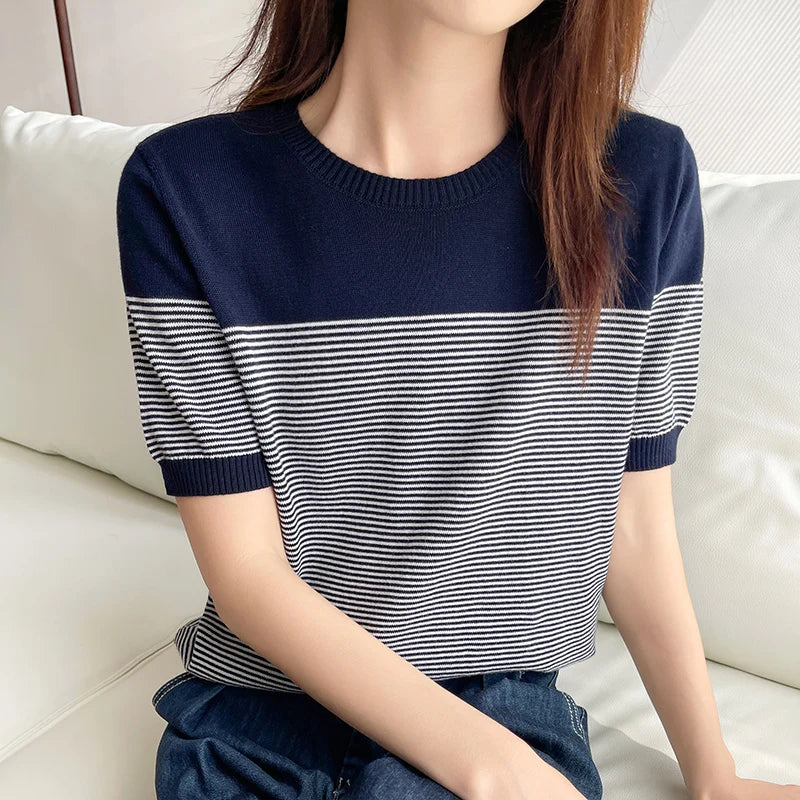 Women's T-Shirt Summer 100% Cotton Sweater Short Sleeve Striped Knitted Round Neck Ladies Tops Loose Blouse Pullover Tees