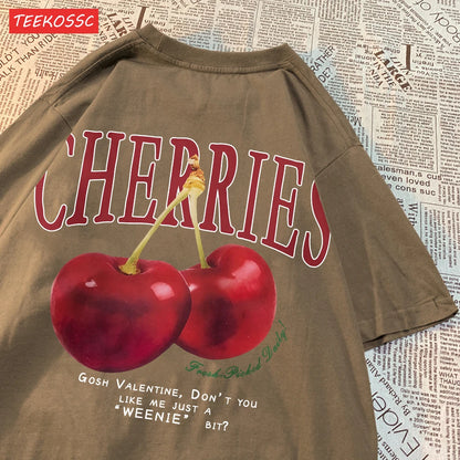 Trend Cotton Women'S T-Shirts Fresh Red Cherries Printing Tops Oversize O-Neck Soft Short Sleeve Summer Casual Female Clothes