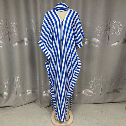 Women's clothing 2026 autumn new style sweet and fresh striped V-neck batsleeves loose large-size dress long dress