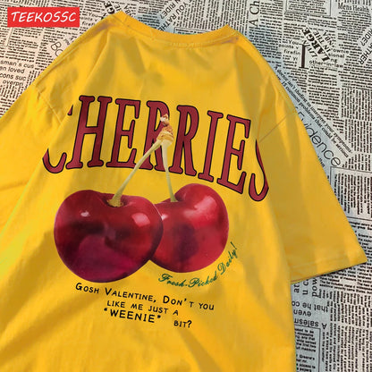 Trend Cotton Women'S T-Shirts Fresh Red Cherries Printing Tops Oversize O-Neck Soft Short Sleeve Summer Casual Female Clothes
