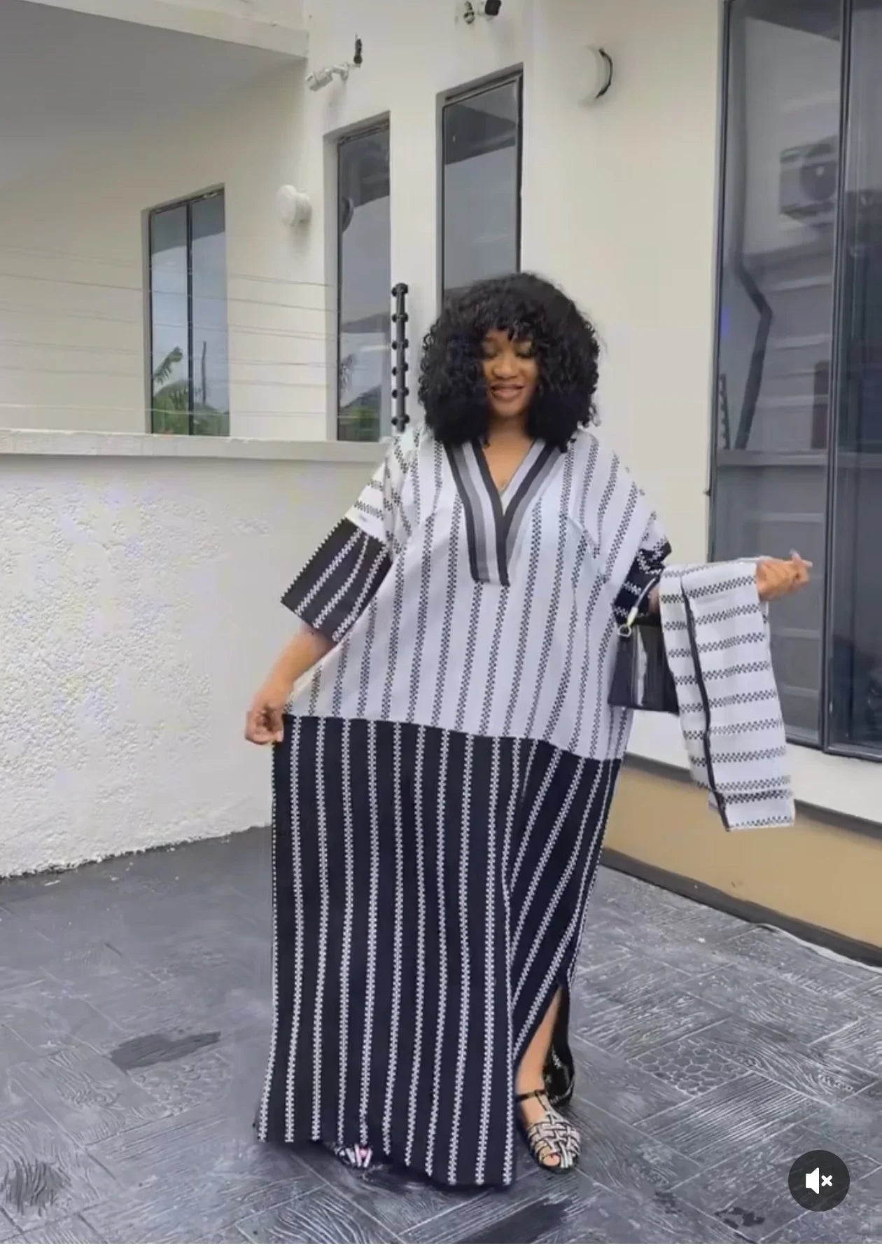 Women's clothing 2025 autumn new style sweet and fresh striped V-neck batsleeves loose large-size dress long dress