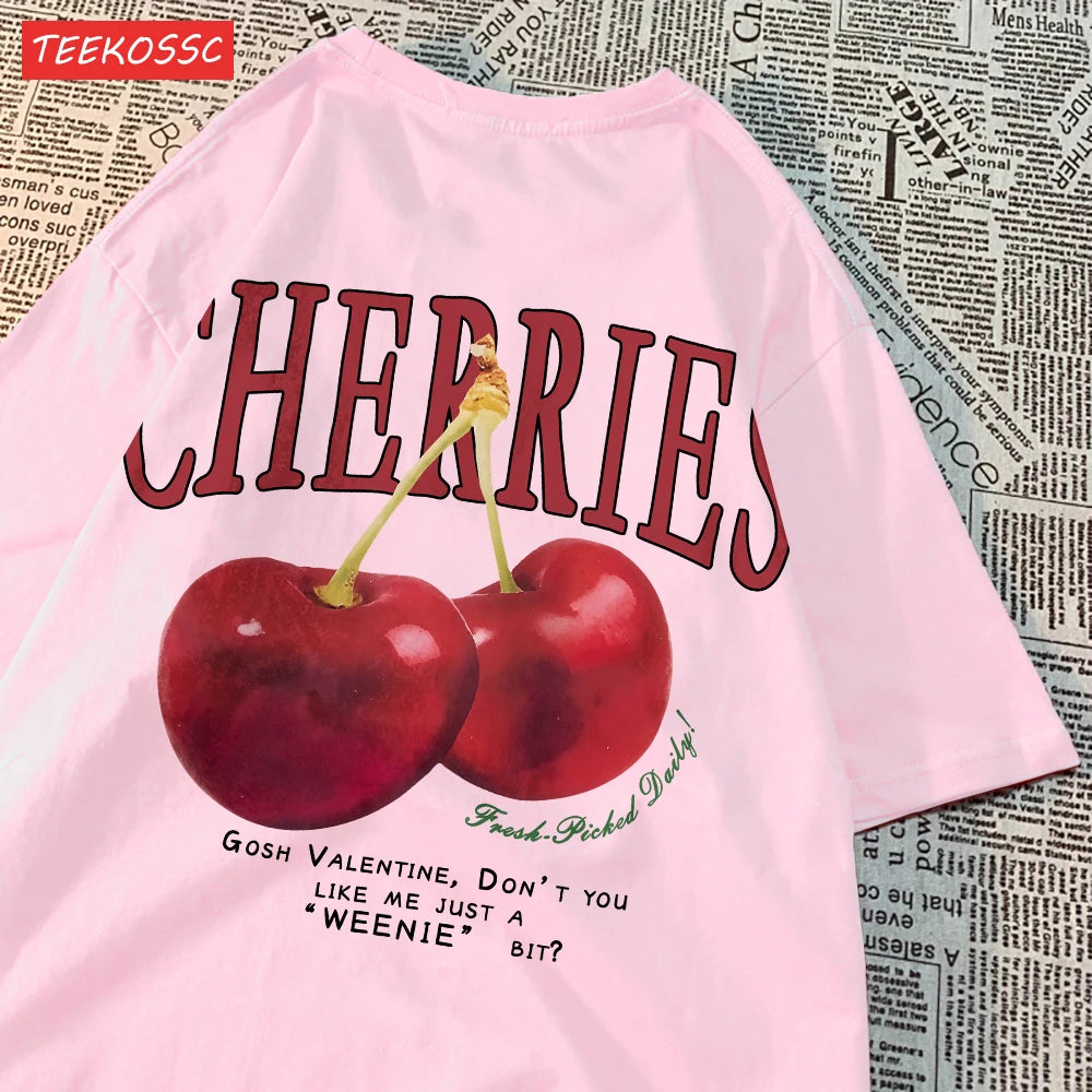 Trend Cotton Women'S T-Shirts Fresh Red Cherries Printing Tops Oversize O-Neck Soft Short Sleeve Summer Casual Female Clothes