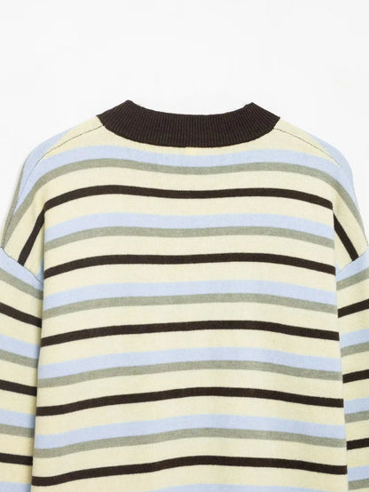 Women's Clothing 2025 Autumn New Item Sweet and Fresh Striped Long Sleeved Single Breasted Knitted Sweater Top