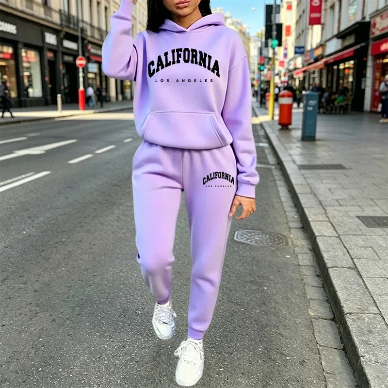 Women's Clothing 2 Pcs Suits Print Casual Hooded Sweatshirts Tracksuit Sports Jogging Sportswear Autumn Winter Woman Pants Sets