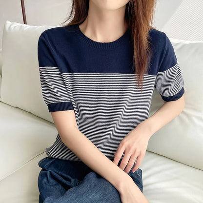 Women's T-Shirt Summer 100% Cotton Sweater Short Sleeve Striped Knitted Round Neck Ladies Tops Loose Blouse Pullover Tees