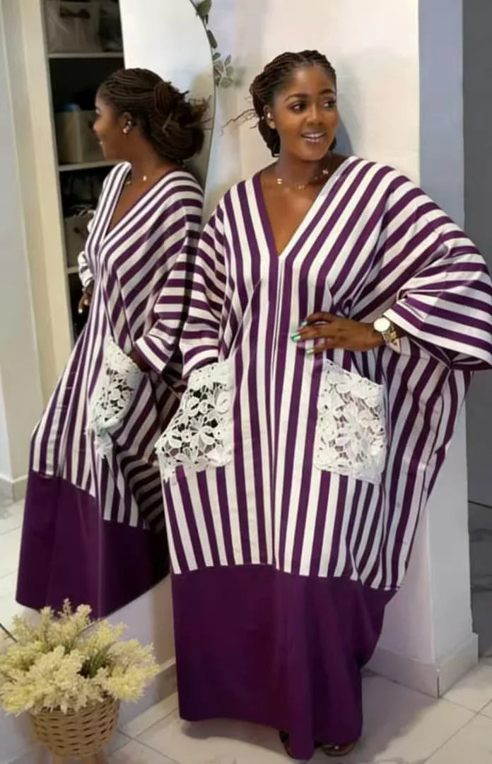 Women's clothing 2026 autumn new style sweet and fresh striped V-neck batsleeves loose large-size dress long dress