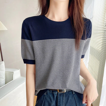 Women's T-Shirt Summer 100% Cotton Sweater Short Sleeve Striped Knitted Round Neck Ladies Tops Loose Blouse Pullover Tees