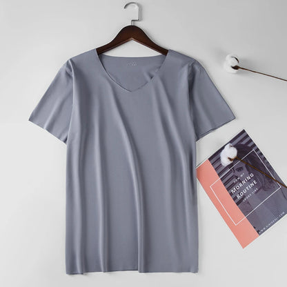 Men V Neck Ice Silk T Shirt Seamless Solid Color Slim Short Sleeve Summer Thin No Trace Invisible Bottoming Shirt Casual Daily